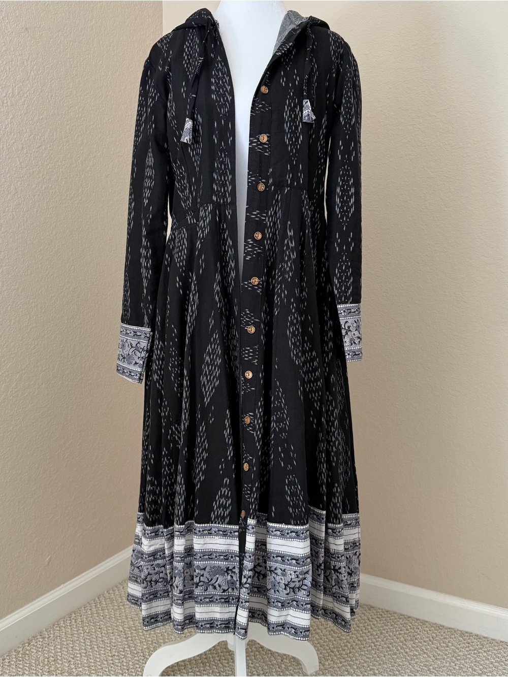 Gopi Skirts By Radhika Black Patterned Hooded Button-Front Maxi Dress